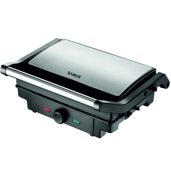 Gratar electric Samus GTS-1500X, placi tip grill antiaderente, reglaj al temperaturii de gatire, posibilitate utilizare la 180 grade, maner termorezistent cromat, Negru/Inox [1]