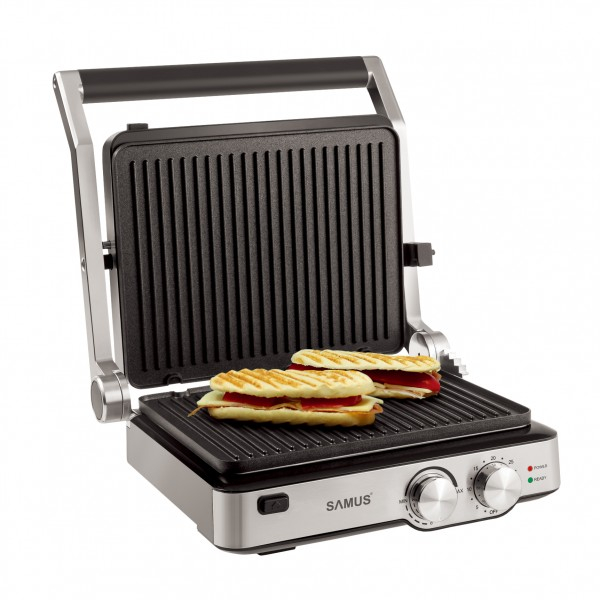 Gratar electric Samus GTS-2020, placi tip grill antiaderente, carcasa termoizolanta din plastic + inox, reglaj al temperaturii, timer, Inox/Negru [1]