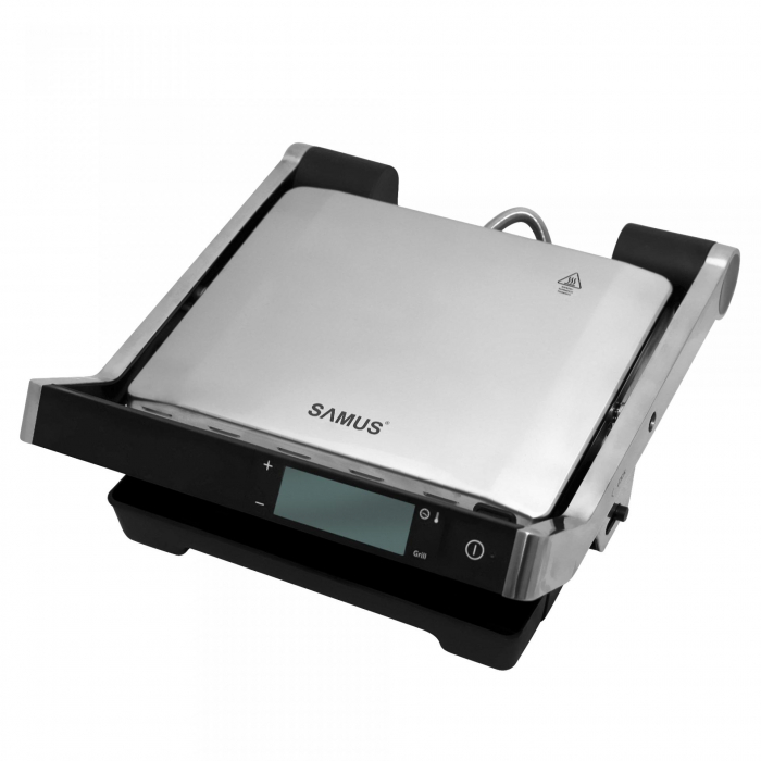 Gratar electric Samus GTS-2030ACX,  placi antiaderente, corp din otel inoxidabil, ecran inteligent digital, timer, functie de mentinere la cald, functie dezghetare, Inox/Negru [2]
