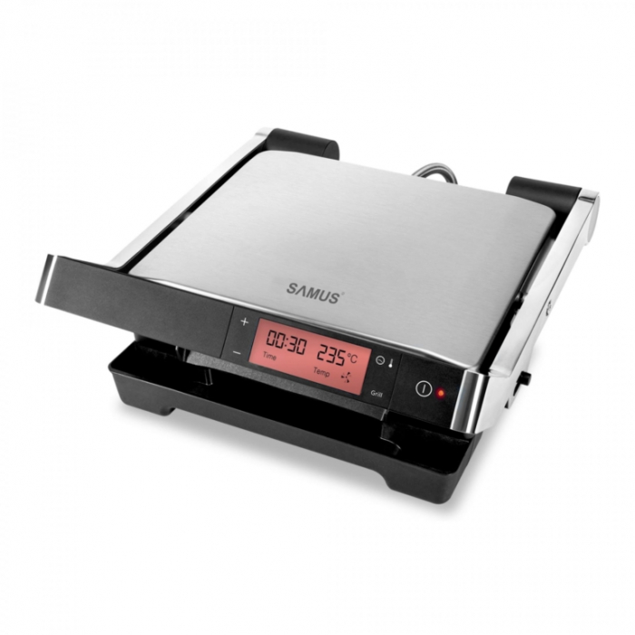 Gratar electric Samus GTS-2030ACX,  placi antiaderente, corp din otel inoxidabil, ecran inteligent digital, timer, functie de mentinere la cald, functie dezghetare, Inox/Negru [1]