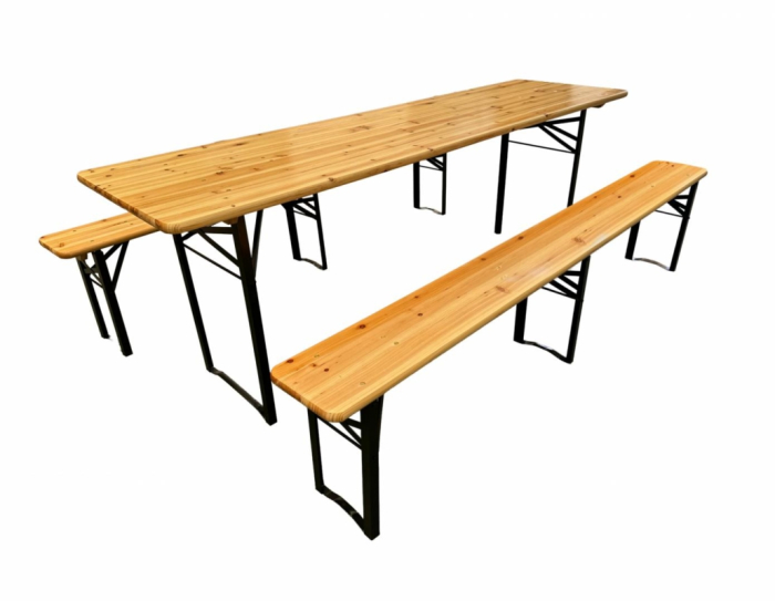 Set Mobilier Berărie Heinner 2+1, Masă 177 x 60 x 75 cm și 2 Bănci 177 x 23 x 45 cm, Lemn Natural, Cadru din Oțel, Pliabil, pentru Grădină, Terasă și Evenimente [2]