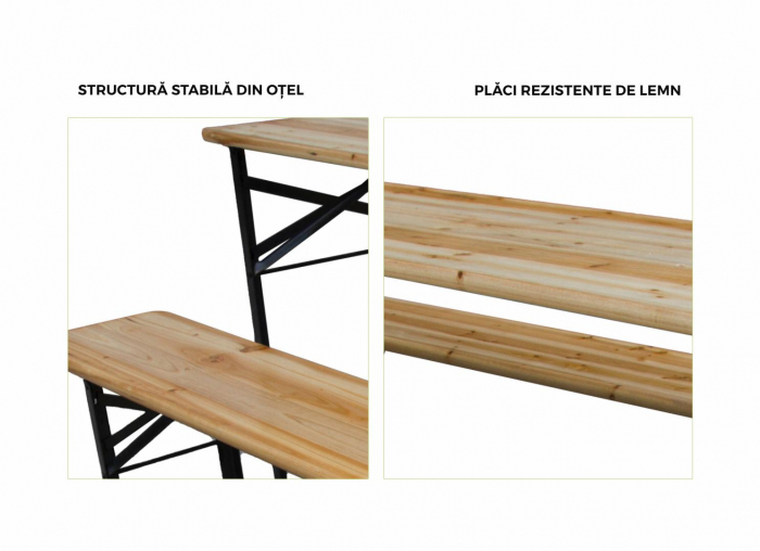 Heinner Set Masă cu 2 Bănci Lemn Pliabile, Dimensiuni Banca: 167x23x45 cm, Structură Oțel 27x27mm [3]