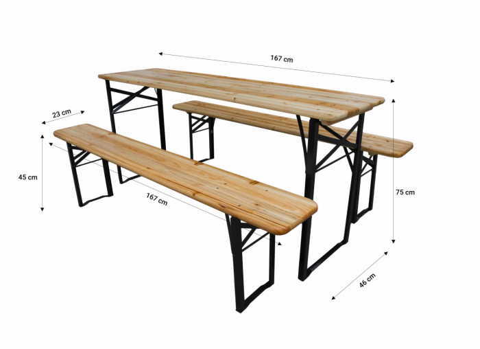 Heinner Set Masă cu 2 Bănci Lemn Pliabile, Dimensiuni Banca: 167x23x45 cm, Structură Oțel 27x27mm [4]