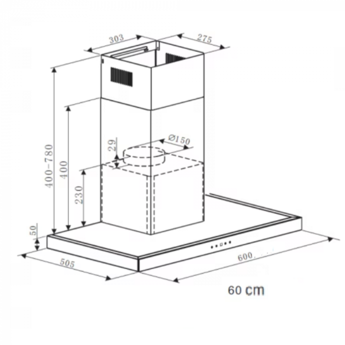 Hota decorativa Heinner DCH-650TIX, absorbtie 585.8 m3/h, Control touch, Timer, Iluminare LED, Clasa B, 60 cm, Inox + Sticla neagra [3]