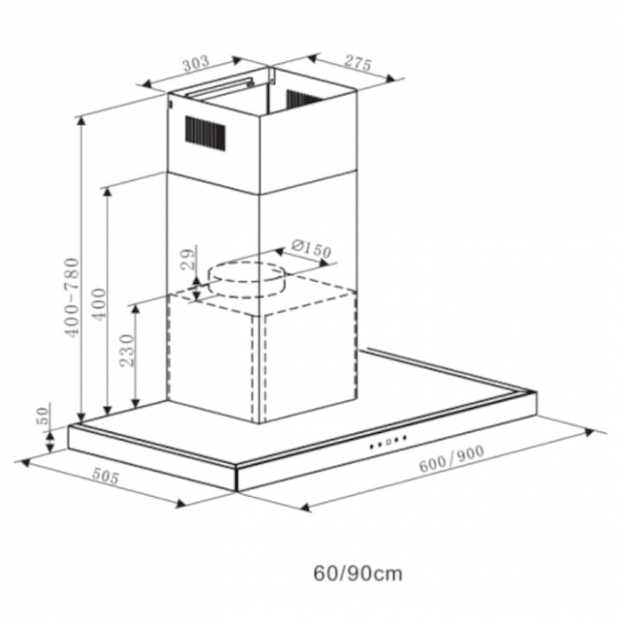 Hota incorporabila decorativa Heinner DCH-6590TIX, Putere absorbtie 623.9 m3/h, Control touch, Timer, Iluminare LED, Clasa B, 90 cm, Inox + front sticla neagra [2]