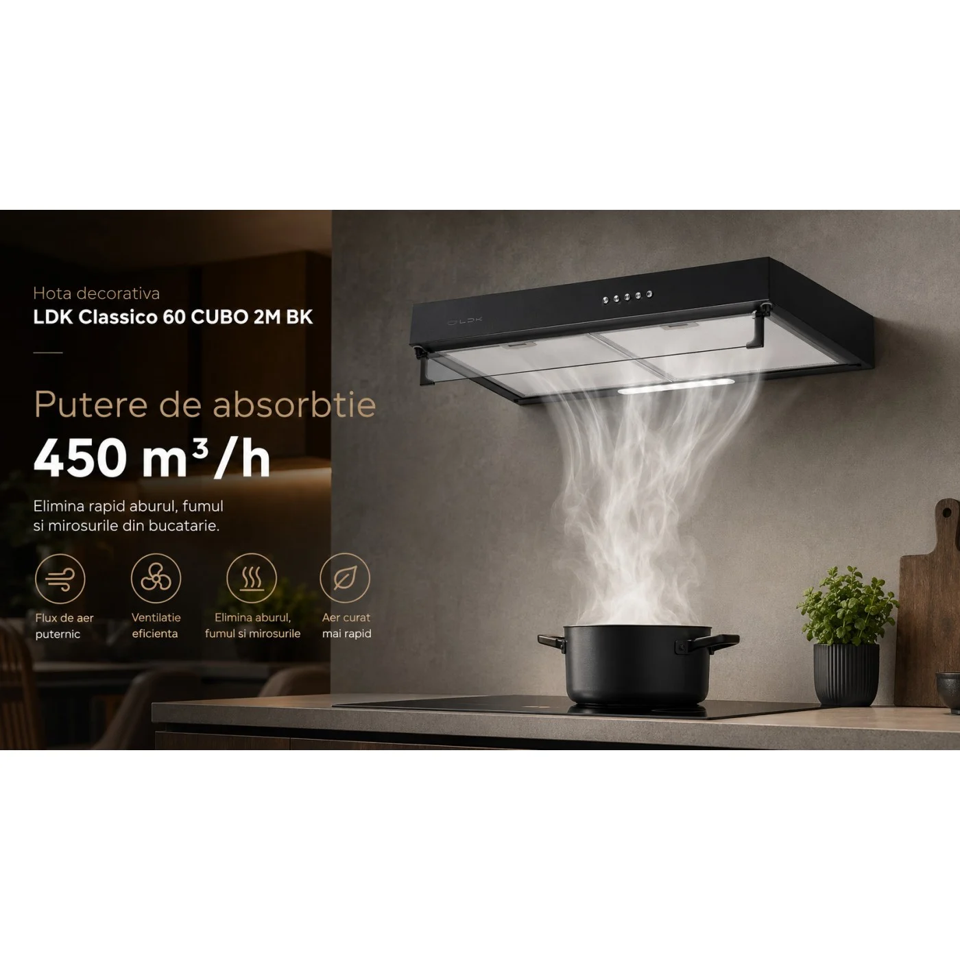 Hota decorativa LDK Classico 60 CUBO 2M BK, Putere de absorbtie 450 m3/h, 3 trepte de putere, 2 motoare, Iluminare LED, Filtru aluminiu, Negru [5]