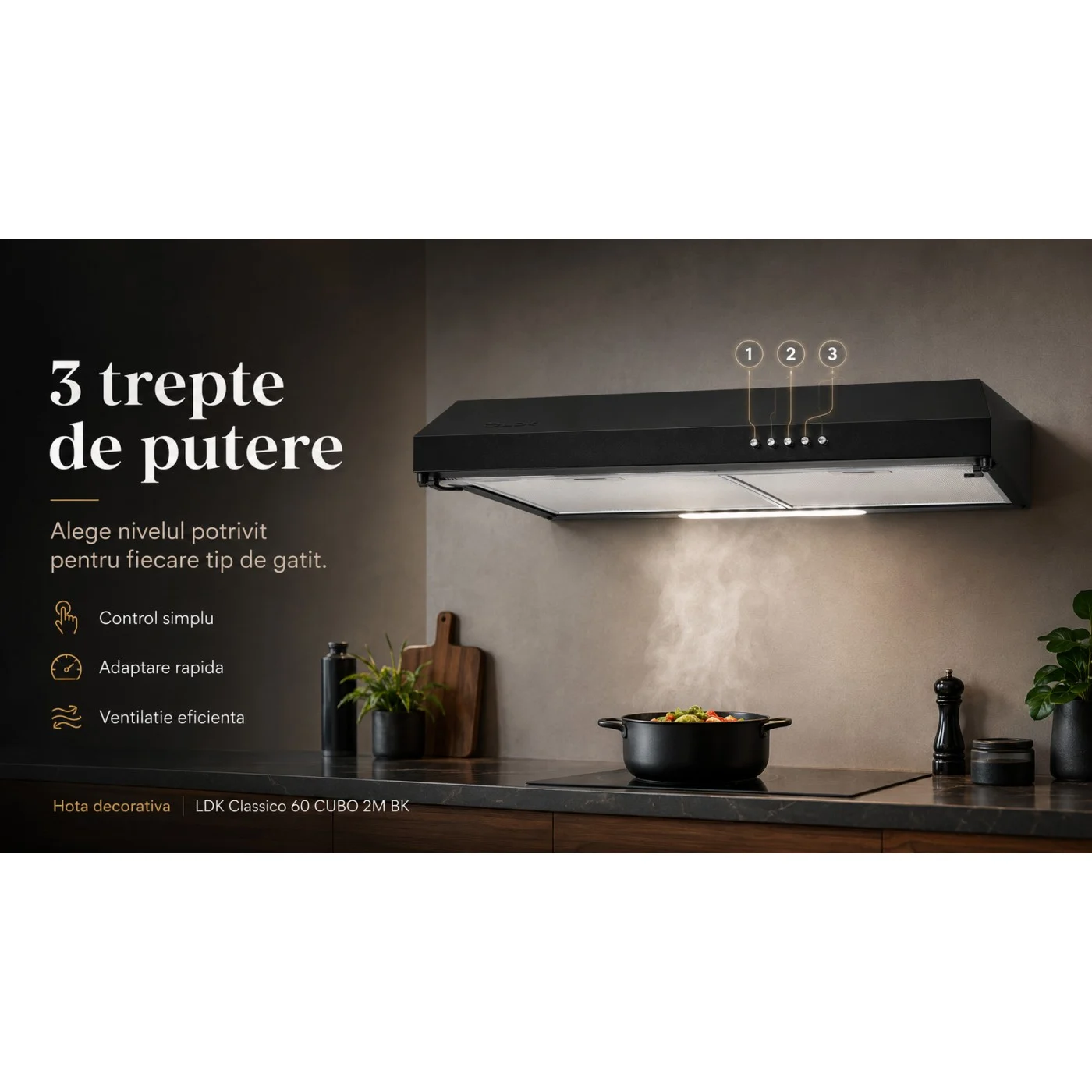 Hota decorativa LDK Classico 60 CUBO 2M BK, Putere de absorbtie 450 m3/h, 3 trepte de putere, 2 motoare, Iluminare LED, Filtru aluminiu, Negru [6]