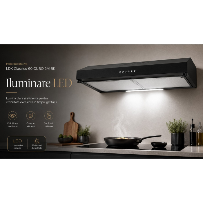 Hota decorativa LDK Classico 60 CUBO 2M BK, Putere de absorbtie 450 m3/h, 3 trepte de putere, 2 motoare, Iluminare LED, Filtru aluminiu, Negru [8]