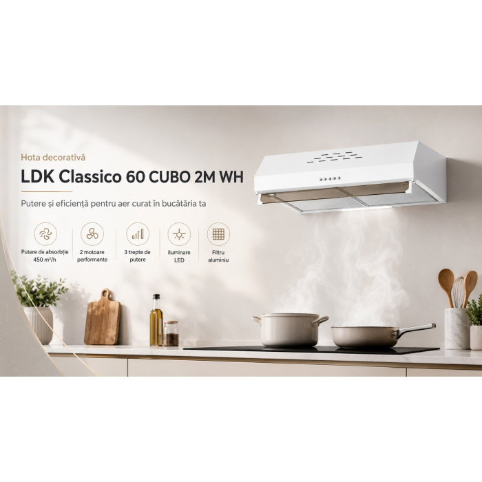 Hota decorativa LDK Classico 60 CUBO 2M W, Putere de absorbtie 450 m3/h, 3 trepte de putere, 2 motoare, Iluminare LED, Filtru aluminiu, Alb [4]