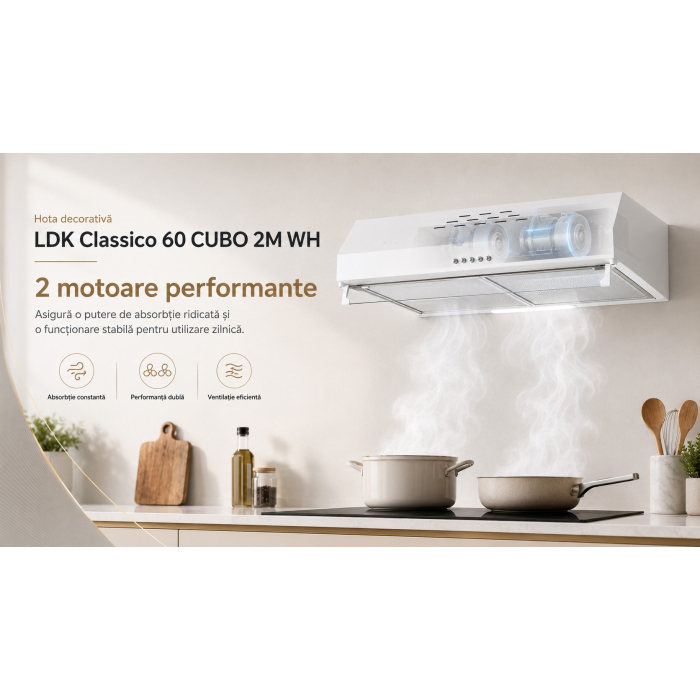 Hota decorativa LDK Classico 60 CUBO 2M W, Putere de absorbtie 450 m3/h, 3 trepte de putere, 2 motoare, Iluminare LED, Filtru aluminiu, Alb [5]