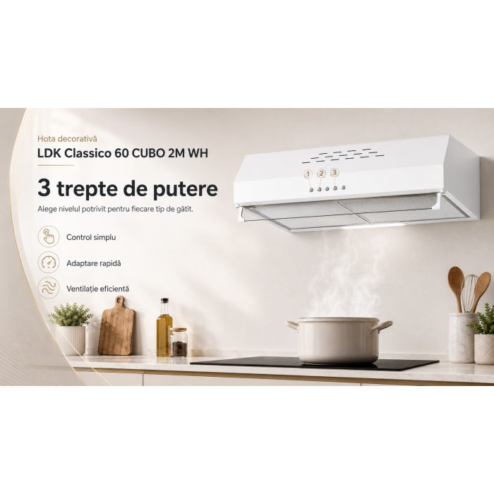 Hota decorativa LDK Classico 60 CUBO 2M W, Putere de absorbtie 450 m3/h, 3 trepte de putere, 2 motoare, Iluminare LED, Filtru aluminiu, Alb [6]