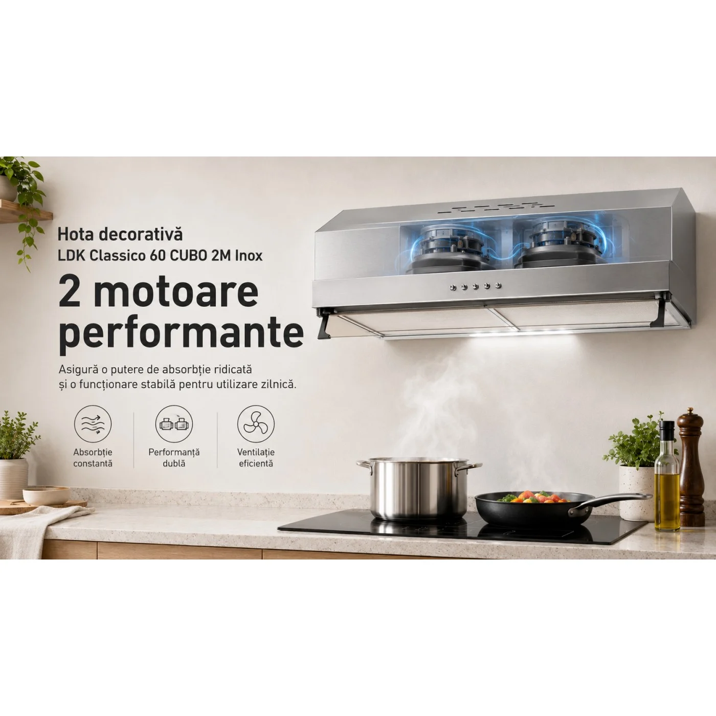 Hota decorativa LDK Classico 60 CUBO 2M X, Putere de absorbtie 450 m3/h, 3 trepte de putere, 2 motoare, Iluminare LED, Filtru aluminiu, Inox [7]