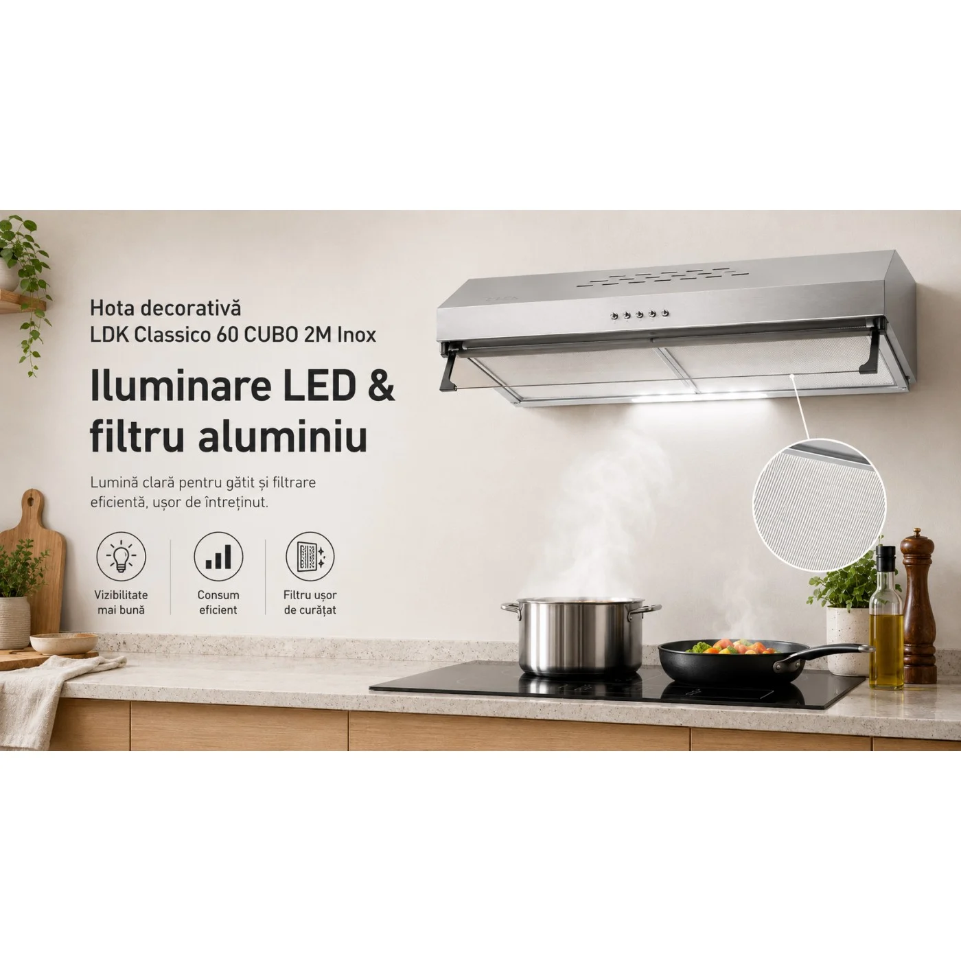 Hota decorativa LDK Classico 60 CUBO 2M X, Putere de absorbtie 450 m3/h, 3 trepte de putere, 2 motoare, Iluminare LED, Filtru aluminiu, Inox [8]
