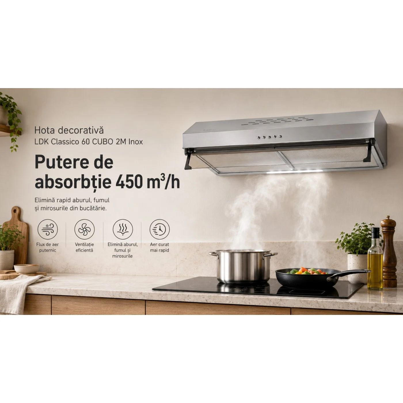Hota decorativa LDK Classico 60 CUBO 2M X, Putere de absorbtie 450 m3/h, 3 trepte de putere, 2 motoare, Iluminare LED, Filtru aluminiu, Inox [6]