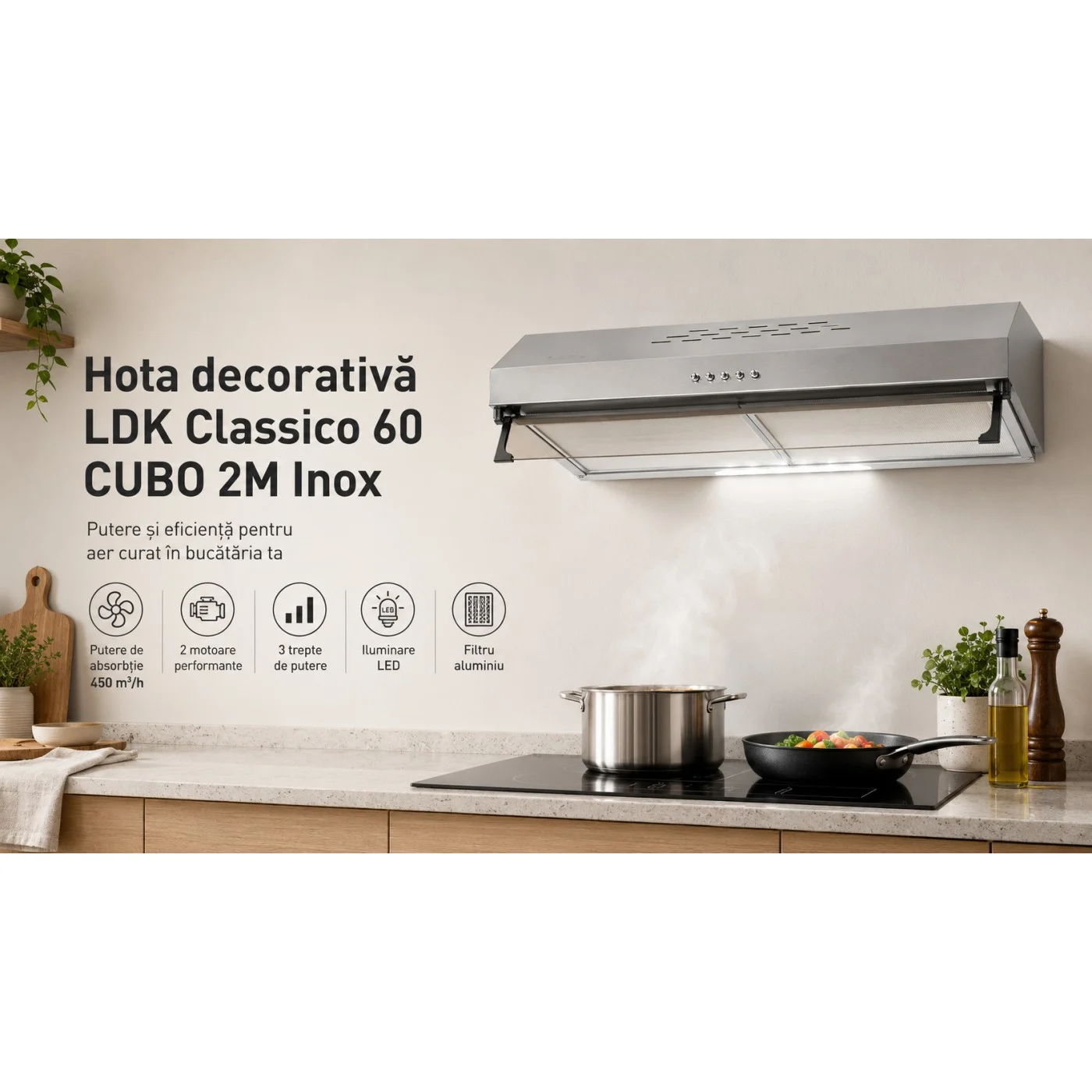 Hota decorativa LDK Classico 60 CUBO 2M X, Putere de absorbtie 450 m3/h, 3 trepte de putere, 2 motoare, Iluminare LED, Filtru aluminiu, Inox [5]