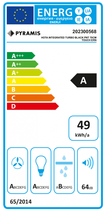 Hotă incorporabilă Pyramis Turbo ERN, 70 cm, 1 motor puternic, putere de absorbție 760 m³/h, control electronic Soft Touch, finisaj negru elegant și modern [5]