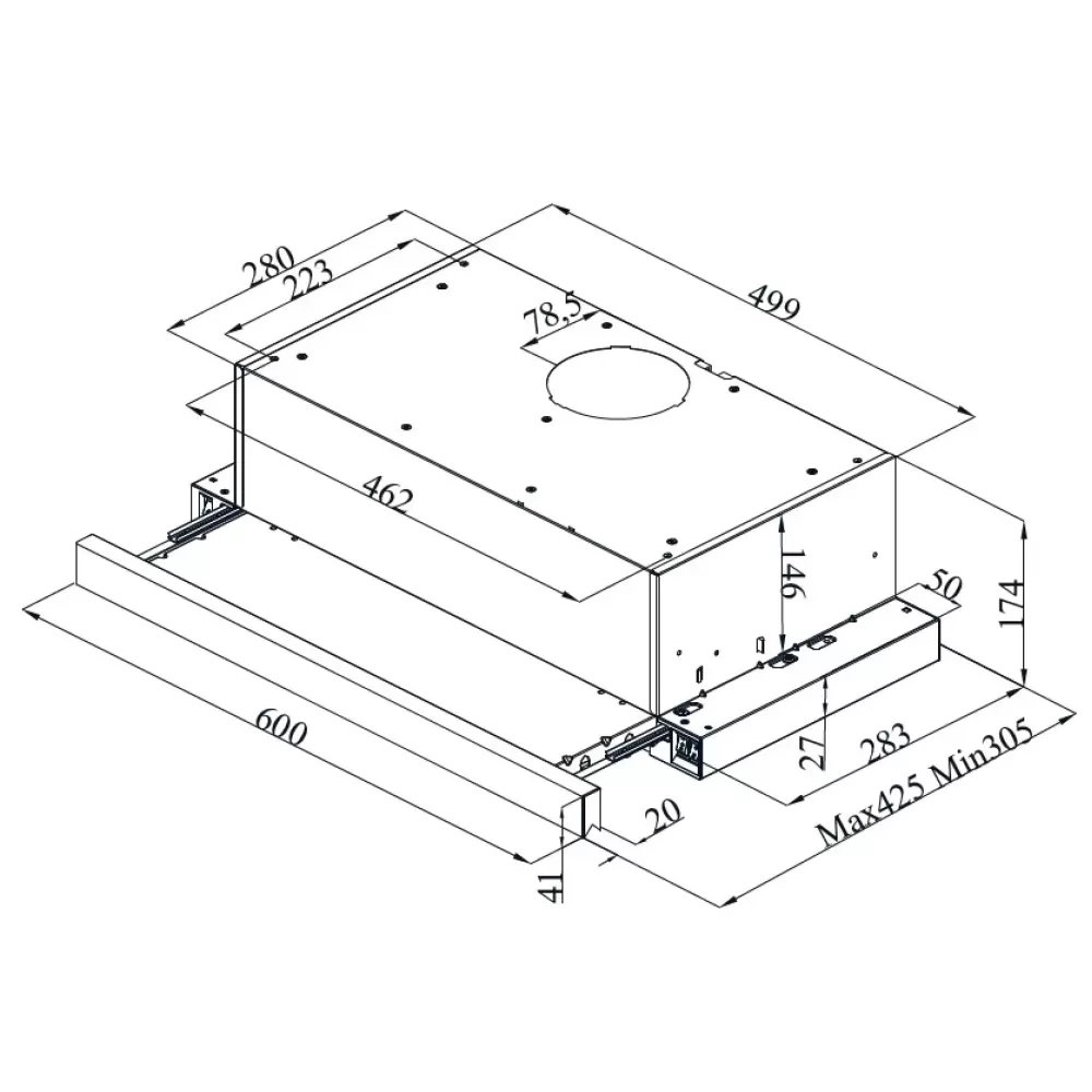 Hota incorporabila telescopica, Studio Casa Lean Retro-Nero, 2 motoare, 3 viteze, Dimensiuni (LxlxH)60 x 283 / max 425 x 174 mm, [2]
