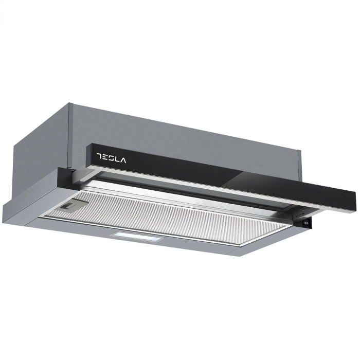 Hota incorporabila telescopica Tesla DT600AXB, 2 motoare, Putere de absorbtie 350m3/h, 2 viteze, Led 2W, 60 cm, Inox/sticla neagra [1]