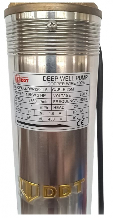 Kit complet hidrofor, Pompa submersibila de adancime DDT 8 turbine 4QJD2-8, 1500 W, 120 m inaltime, 7 mc/h, 1", 25 m cablu [3]