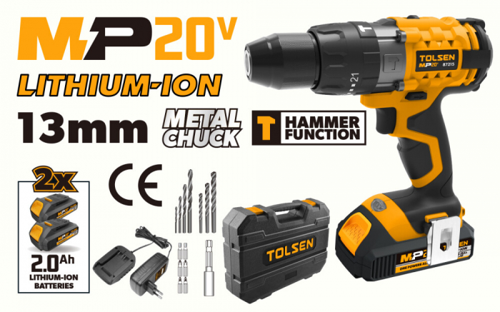 Masina de gaurit cu percutie tolsen, cu 2 baterii li-ion 2 ah, 20v, 13mm [2]