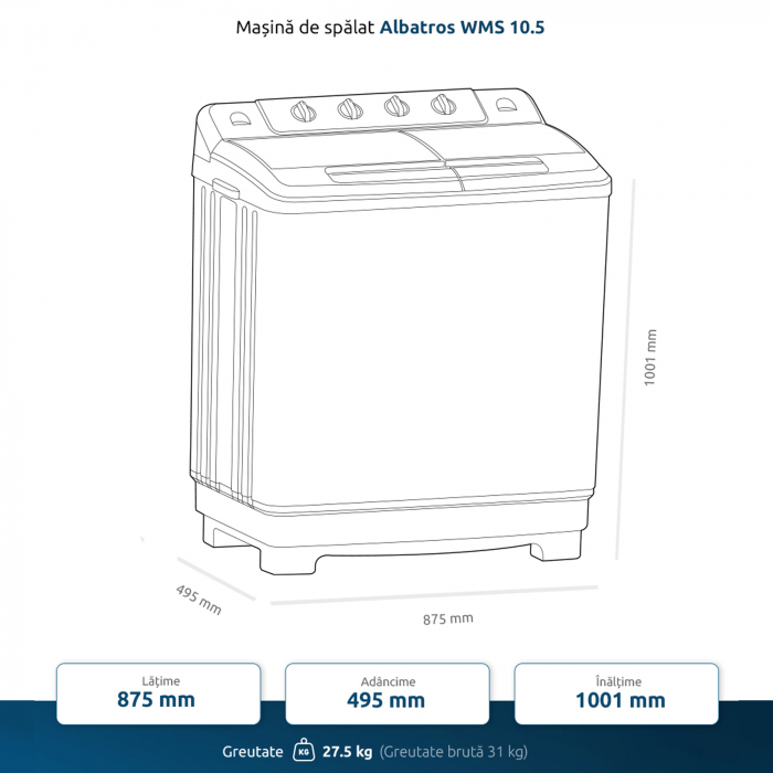 Masina de spalat rufe Albatros WMS 10.5, Capacitate rufe spalare 10 kg, Capacitate rufe stoarcere 7 kg, [2]