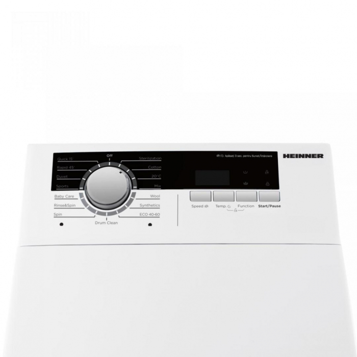 Masina de spalat rufe cu incarcare verticala Heinner HWM-TL8013IVA++, 8kg, 1300rpm, clasa A, motor inverter, 15 programe, display digital, program rapid 15min, program scurt 45min, Alba [2]