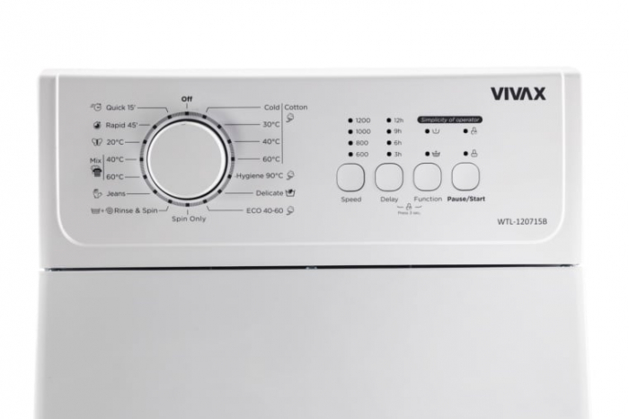 Masina de spalat rufe cu incarcare verticala VIVAX WTL-120715CB, 7kg, 1200 RPM, BLDC Motor Inverter Clasa C, Panou de comanda cu LED-uri, Programe Hygiene+ 90°C, Blocare acces copii [5]