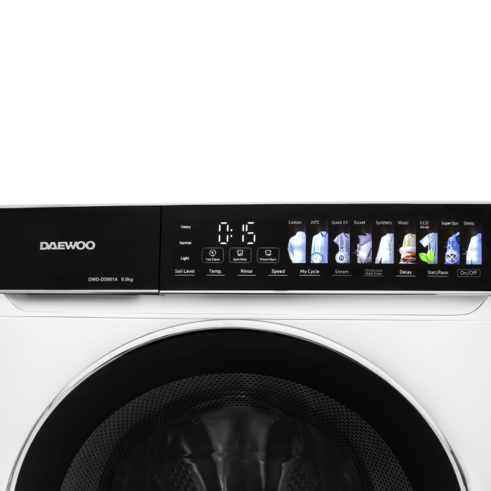Masina de spalat rufe Daewoo, 9 kg, motor DIRECT DRIVE inverter, 1400 rpm, clasa A, 12 programe, butoane touch, panou de control negru cu pictograme mari colorate, usa dubla neagra cu inel cromat, cul [5]