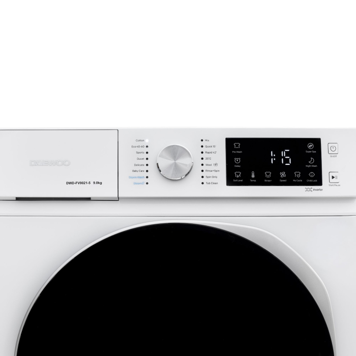 Masina de spalat rufe Daewoo, 9 kg, motor inverter, 1400 rpm, clasa A-30%, 16 programne, butoane touch, usa dubla neagra (PC Cover), culoare Alb [5]