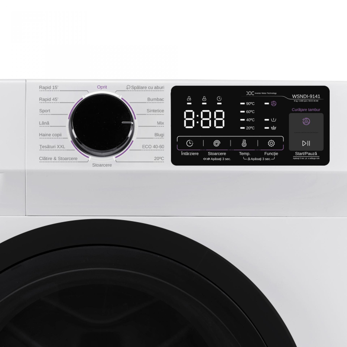 Masina de spalat rufe frontala Samus WSNDI-9141, 9 kg, clasa A, functie Abur, program tesaturi XXL, control antispuma, pornire intarziata, afisaj electronic, blocare acces copii, Alba [2]