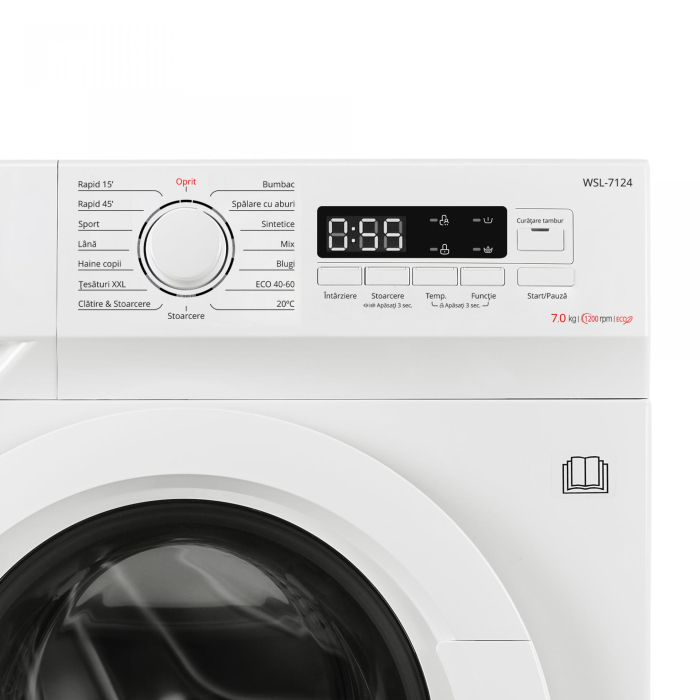 Masina de spalat rufe frontala slim Samus WSL-7124, clasa D, afisaj electronic, termostat reglabil, auto-echilibrare tambur, curatare tambur, pornire intarziata, blocare acces copii, Alba [3]