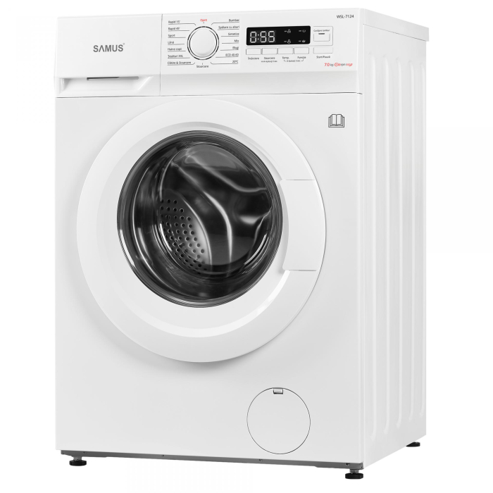 Masina de spalat rufe frontala slim Samus WSL-7124, clasa D, afisaj electronic, termostat reglabil, auto-echilibrare tambur, curatare tambur, pornire intarziata, blocare acces copii, Alba [2]
