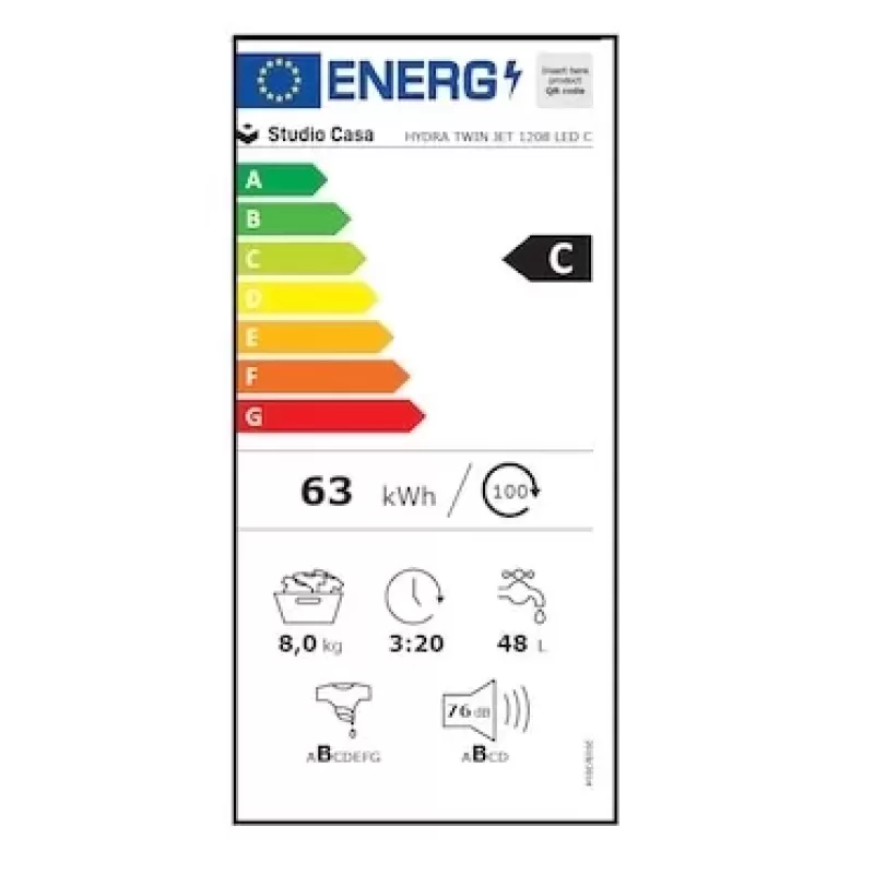 Masina de spalat rufe HYDRA TWIN JET 1208 LED Black, Studio Casa, 8 Kg, 1200 rotatii / minut, 15 programe, Clasa eficienta energetica C, Negru [4]