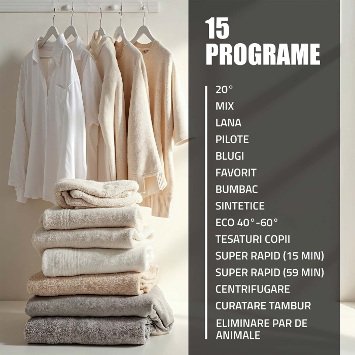 Mașină de spălat rufe Samus WSADI-10145DS, 10 kg, 1400 rpm, Motor Inverter, 15 programe, abur, afișaj electronic, clasa A, gri închis [13]