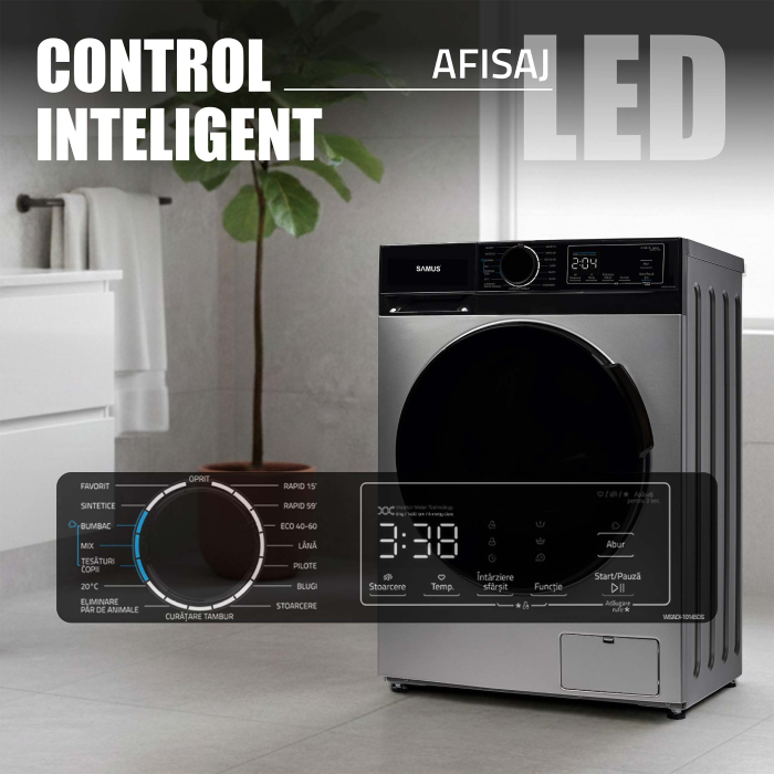 Mașină de spălat rufe Samus WSADI-10145DS, 10 kg, 1400 rpm, Motor Inverter, 15 programe, abur, afișaj electronic, clasa A, gri închis [12]