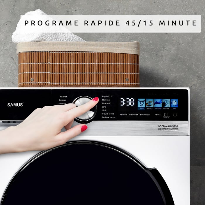 Masina de spaat rufe Samus WSDMAI-8145A30, 8 kg, 1400 rpm, Motor Inverter, LED color, clasa A(-30%), 14 programe, Eco 40–60, sterilizare, alb [18]