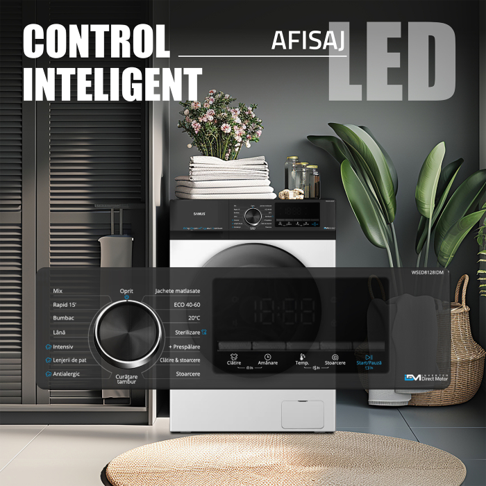 Mașină de spălat rufe Samus WSED8128IDM, 8 kg, 1200 rpm, Clasa A, Inverter Direct Motor, LED Display, Spălare cu abur, Alb [6]
