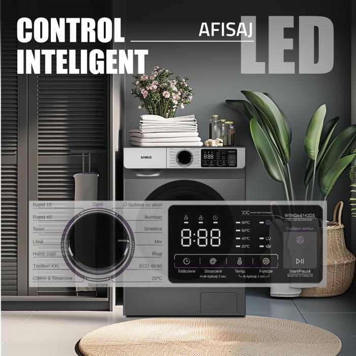 Mașină de spălat rufe Samus WSNDI-9142DS, 9 kg, 1400 rpm, Motor Inverter, 15 programe, abur, ECO 40–60 °C, afișaj electronic, clasa A, gri închis [8]