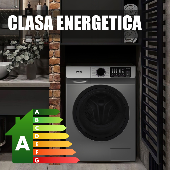 Mașină de spălat rufe Samus WSNDI-9142DS, 9 kg, 1400 rpm, Motor Inverter, 15 programe, abur, ECO 40–60 °C, afișaj electronic, clasa A, gri închis [6]