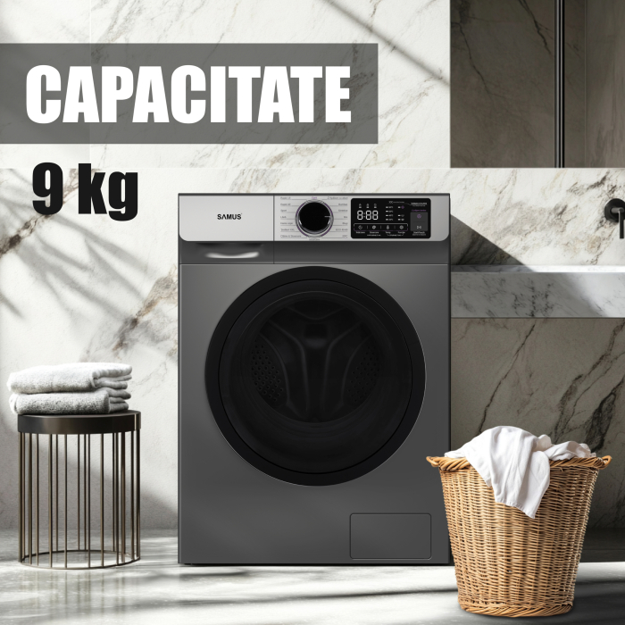 Mașină de spălat rufe Samus WSNDI-9142DS, 9 kg, 1400 rpm, Motor Inverter, 15 programe, abur, ECO 40–60 °C, afișaj electronic, clasa A, gri închis [7]