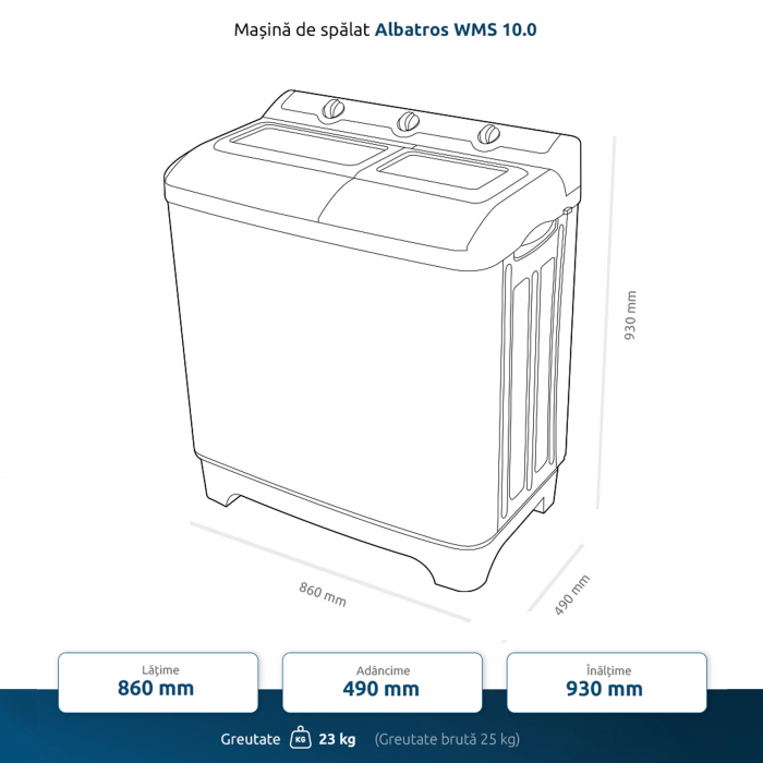 Masina de spalat rufe semiautomata Albatros WMS 10.0, Capacitate rufe spalare 10 kg, Capacitate rufe stoarcere 6 kg, Alb/Rosu [2]