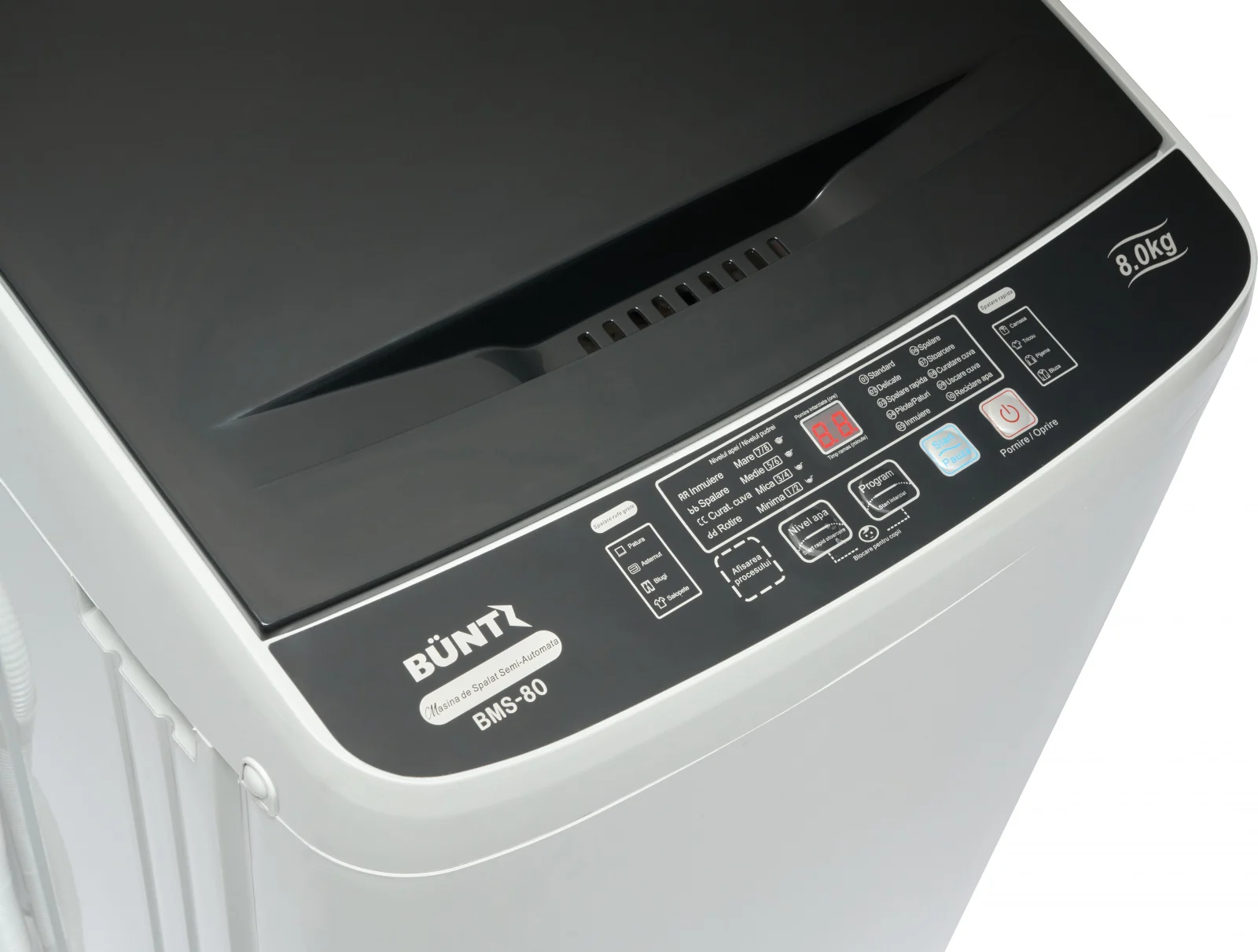 Masina de spalat rufe semiautomata, cuva din inox, Büntz BMS-80, 8 kg, 10 Programe spalare, Display Led, 700 RPM, putere 355 W, storcator incorporat, Gri [2]