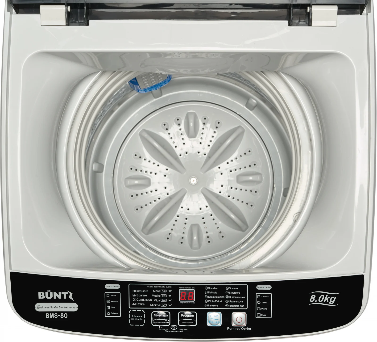 Masina de spalat rufe semiautomata, cuva din inox, Büntz BMS-80, 8 kg, 10 Programe spalare, Display Led, 700 RPM, putere 355 W, storcator incorporat, Gri [7]