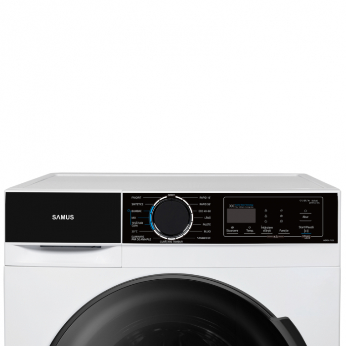 Masina de spalat rufe slim Samus WSADI-7123, 7 kg, 1200 rpm, clasa A,  motor inverter, functie Abur, program Eliminare par de animale, blocare acces copii, Alba [3]