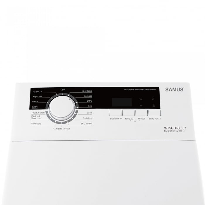 Masina de spalat rufe verticala Samus WTSGDI-80133, clasa A, curatare tambur, afisaj electronic, blocare acces copii, Alba [2]
