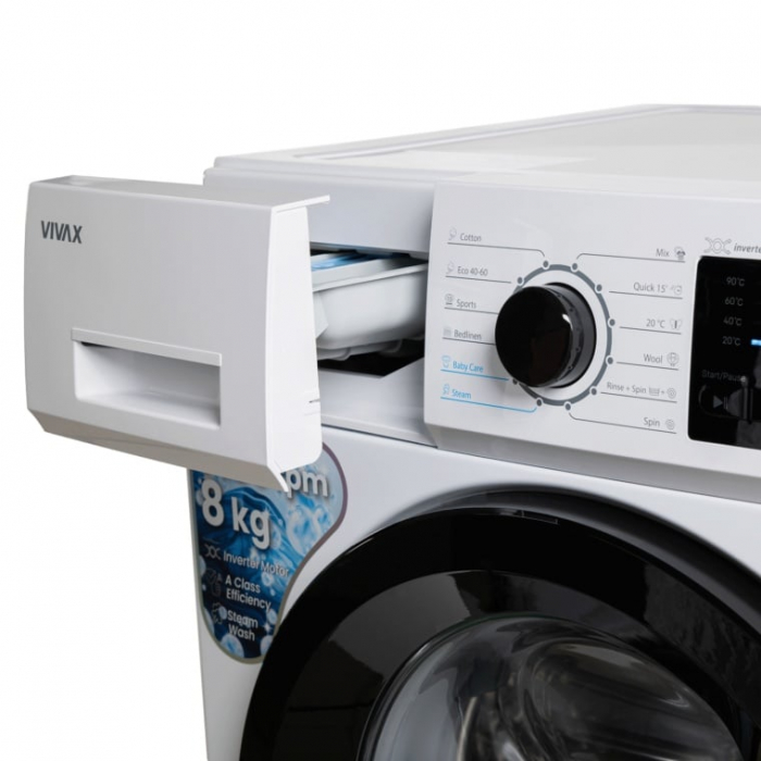 Masina de spalat rufe VIVAX WFL-140812CI, 8kg, 1400 RPM, BLDC Motor Inverter, Clasa A, Steam, Baby Care, Eco, Display digital, Control electronic, Drum Clean Sterilization, Quick Wash, Delay Start [5]