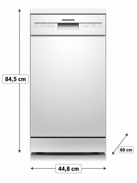 Mașină de spălat vase Heinner HDW-FSM45510WE++, 10 seturi, 45 cm, clasa E, 5 programe, display LED, Half Load, pornire întârziată, AquaStop, alb [2]