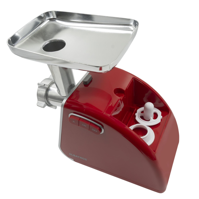 Masina de tocat Albatros MTA1510R, 1500 W (motor 500 W), 1.8 kg/min, 3 site inox (3/5/7 mm), accesorii cârnați, kibbe și separator de roșii, culoare roșie [3]