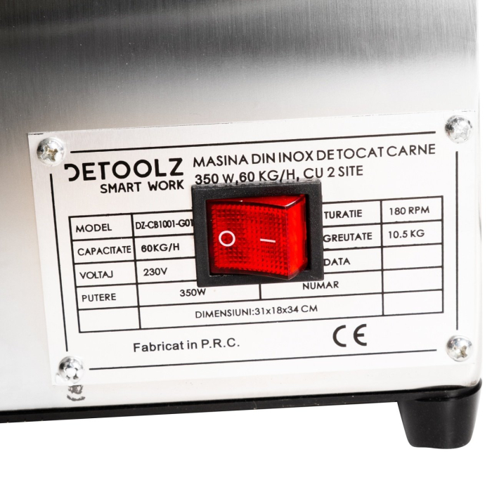 Mașină de tocat carne Detoolz DZ-CB1001-G01, 350 W, 60 kg/h, 2 site inox, Aluminiu [3]