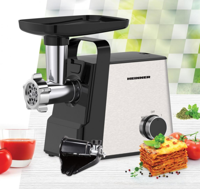 Masina de tocat Heinner HMG-2100SS3, 2100W, accesoriu rosii, Kibbe si carnati, capacitate tocare 1.8kg/min, 2 viteze, 3 site metalice, functie reverse, negru/inox [4]
